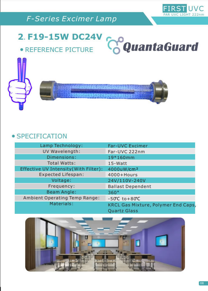 QuantaLamp 15-Watt Far UVC Excimer Bulb 222nm First-UVC F-Series 15w Far-UV Light 24V DC