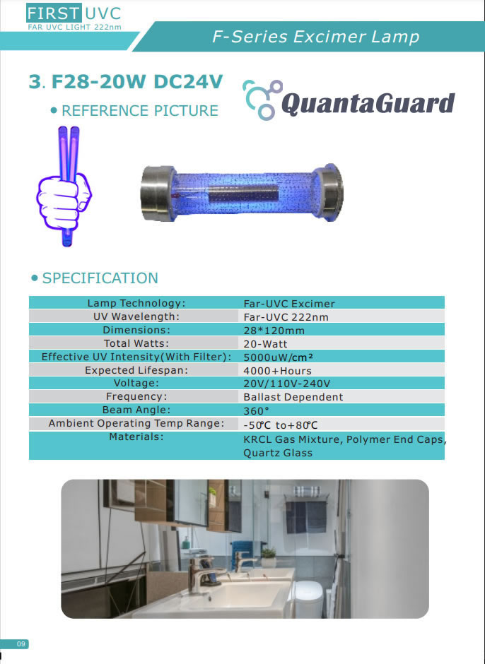 QuantaGuard 20W 222nm FAR UVC Excimer Lamp 24V DC